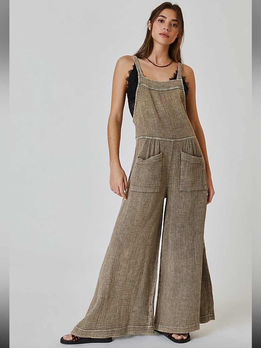 Anthropologie Maronie Gauze Overalls Sz M Olive Green Wide Leg Jumpsuit Boho